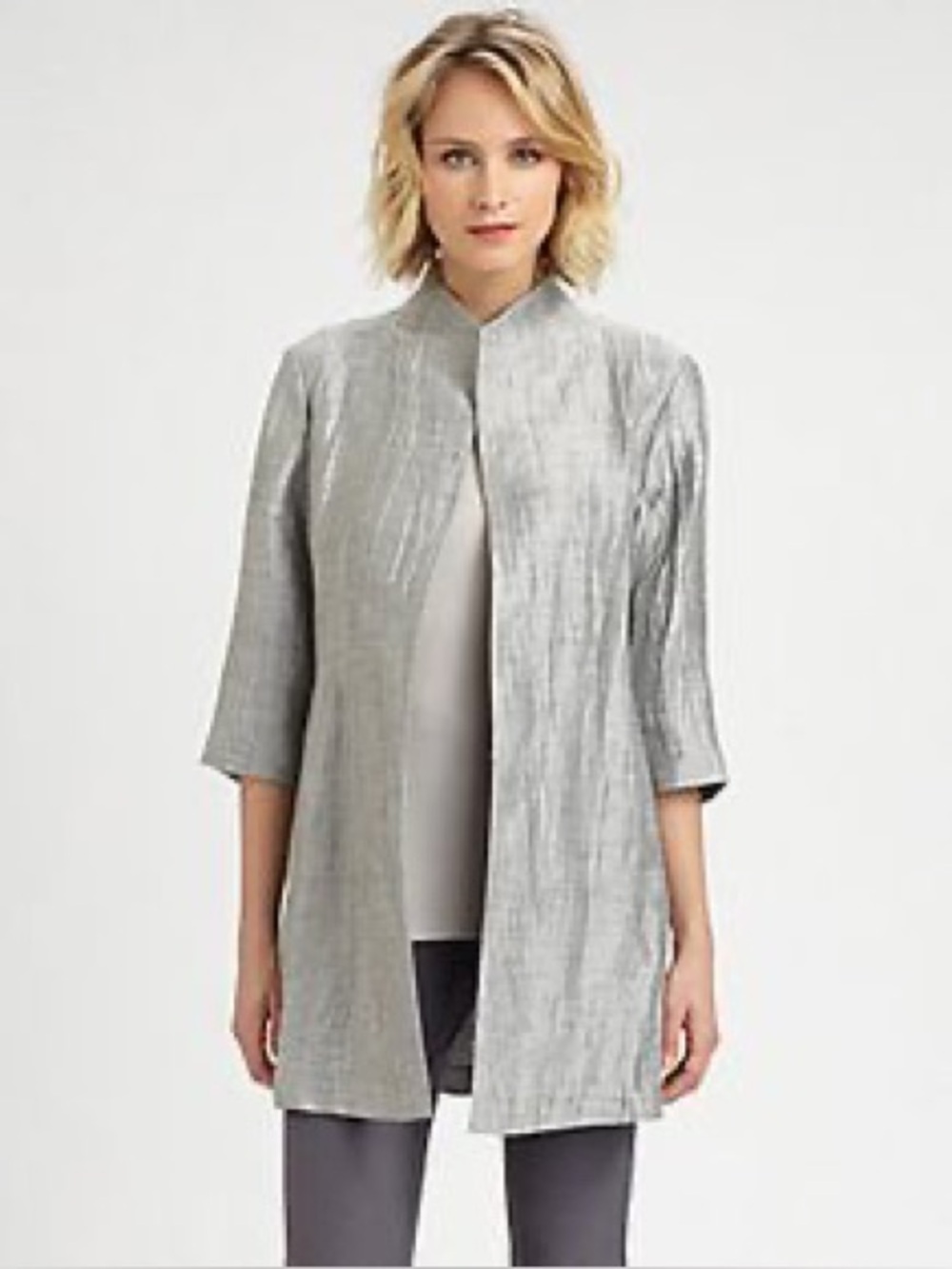 Eileen Fisher Crinkle Open Jacket Linen Blend with Silk Lining - Silver